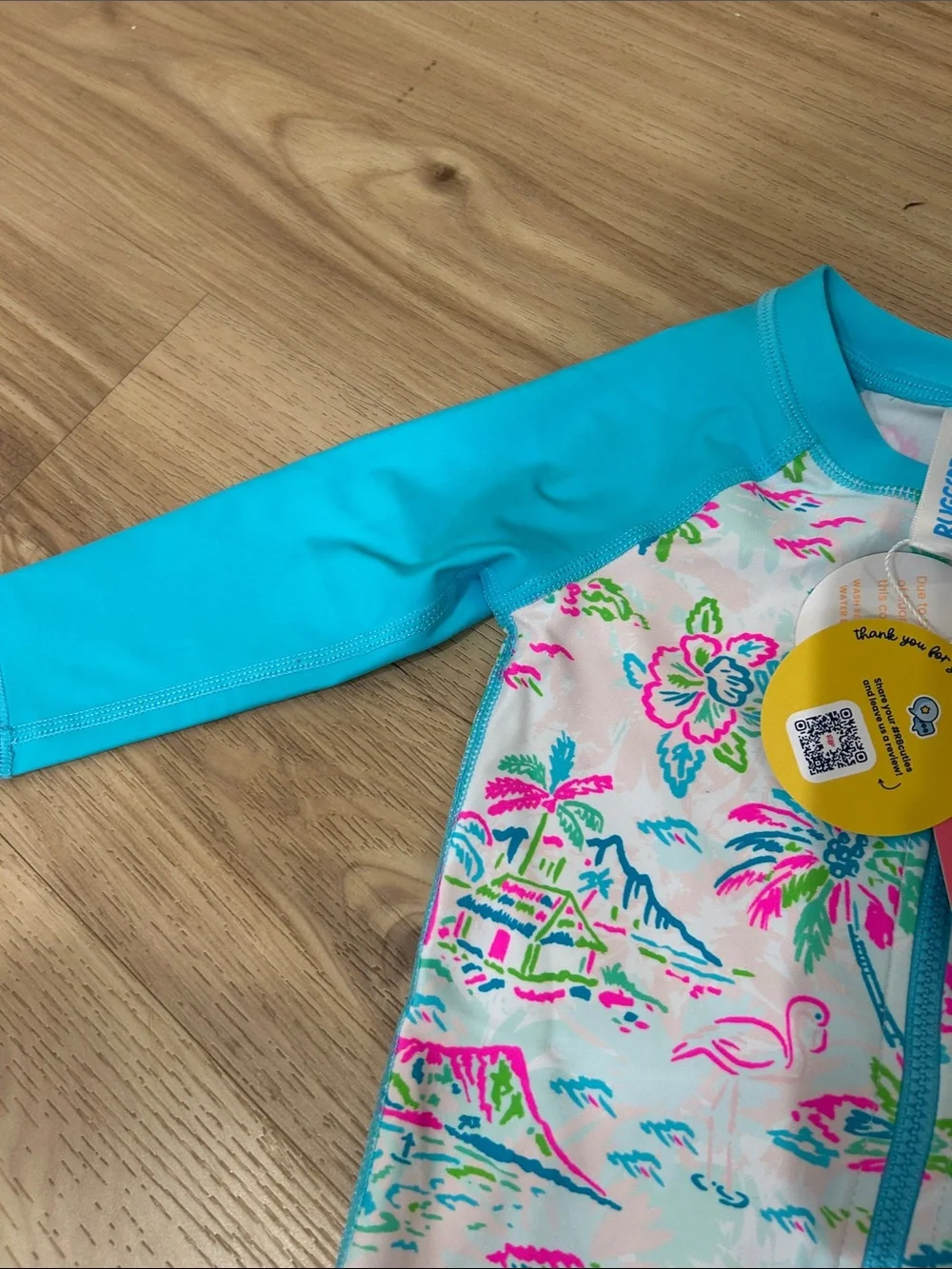 Girls' Long-Sleeve Tropical Zip Rashguard Swimsuit - Aqua